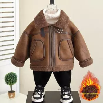 4590 Куртка из плюшевой кожи для мальчиков - утолщенный мех и кожа для осени/зимы 2024 г. 120 cm