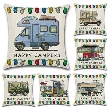 45*45 см наволочка, чехол для дивана, подушка Happy Campers, хлопковые льняные наволочки с принтом для украшения дома