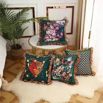 45/50/55/60 см бархатный чехол для подушки в стиле ретро с цветочным принтом, наволочка на спинку с золотой кисточкой, большой чехол для диванной подушкиjavascript :Пустота (0 ) 450mm*450mm