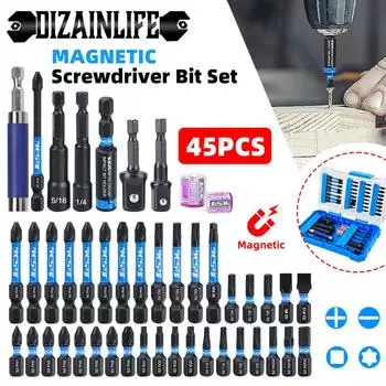 45 шт. противоскользящие биты для отверток, ударные биты, крестовые противоударные ручные сверла, прочный магнитный шестигранный вал, шестигранная головка отвертки