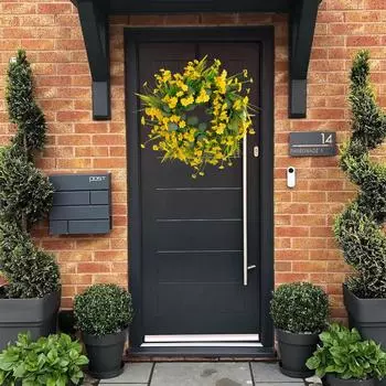 45 см венок из желтых ромашек, весенний летний венок, искусственный шелковый цветочный венок с зелеными листьями эвкалипта для украшения оконной стены, свадьбы, фермерского дома, фестиваля