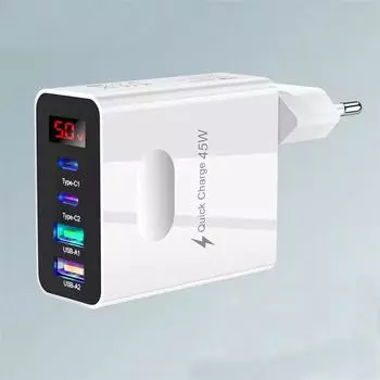 45 Вт USB C зарядное устройство 4 порта быстрая зарядка цифровой дисплей мобильный телефон адаптер для iPhone 15 Xiaomi Huawei QC 3.0 настенное зарядное устройство PD UK Plug белый