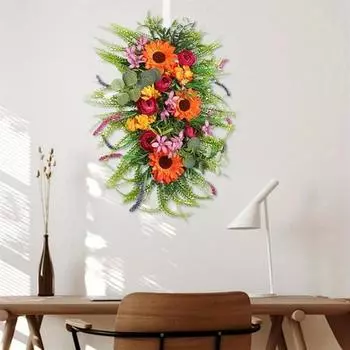 45cm Artificial Autumn Sunflower Wreath Fall Swag Harvest Teardrop Wreath Door Hanging Ornaments Fall Teardrop for Thanksgiving Fall Festival Decor 17.7IN