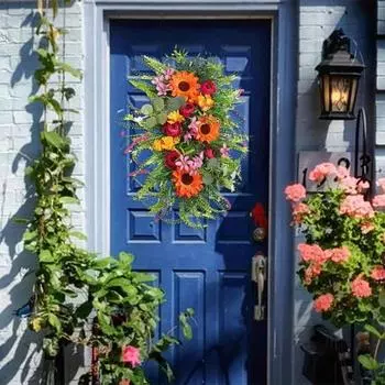 45cm Autumn Sunflower Wreath Artificial Fall Swag Harvest Teardrop Wreath Door Hanging Ornaments Fall Teardrop for Thanksgiving Fall Festival Decor 17.7IN