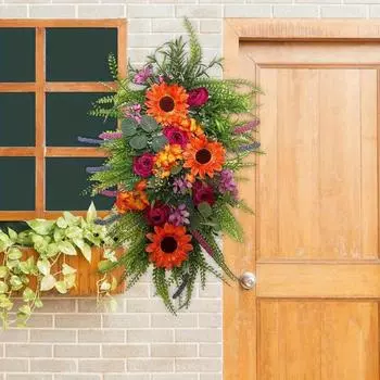 45cm Fake Sunflower Artificial Fall Swag Harvest Wreath Autumn Sunflower Wreath Door Hanging Fall Teardrop for Thanksgiving Fall Festival Decor 17.7IN