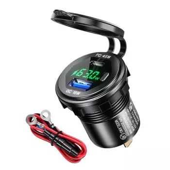 45W Car Charger Adapter PD&QC3.0 with Voltmeter for Car Boat Truck RV Motorcycle with wire синий