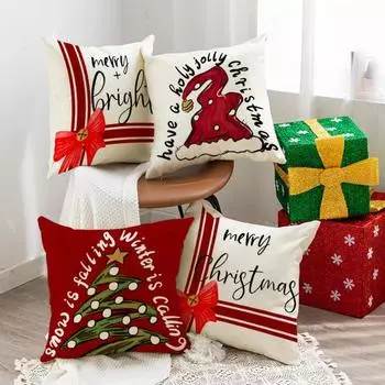 45x45 СМ Рождественская Квадратная Наволочка Дерево Бантом Шляпа Молния Многоразовый Моющийся Льняной Диван Украшение Спальни Подушка Чехлы Праздничные Атрибуты 45cm B