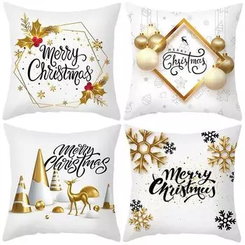 45X45 см Золотисто-черный чехол для подушки Санта-Клаус Снежинка Олень Веселое рождественское украшение для дома 2024 Ноэль Рождественская наволочка 45x45cm