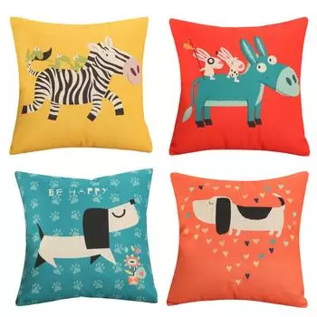 45x45cm Cartoon Animal Printed Cotton Linen Cushion Cover Home Sofa Chair Children Bedroom Decoration 45x45cm