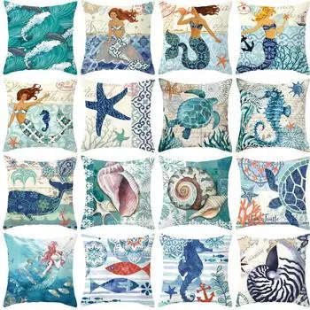 45x45cm Mediterranean Style Sea Animal Mermaid Printed Skin Peach Cushion Cover Home Sofa Decor 45x45cm