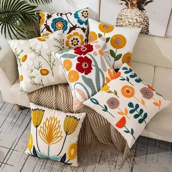 45x45cm Pastoral Pillow Covers Cotton Canvas Floral Embroidered Cushion Cover Sofa Pillow Case for Living Room Home Decor