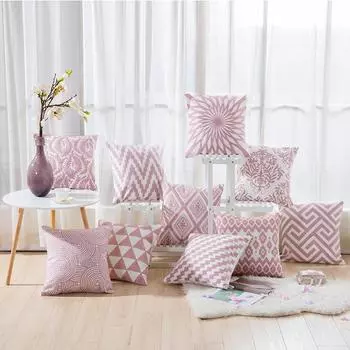 45x45cm Square Pink Geometric Cotton Embroidery Sofa Cushion Cover Throw Pillowcase Wedding Decoration