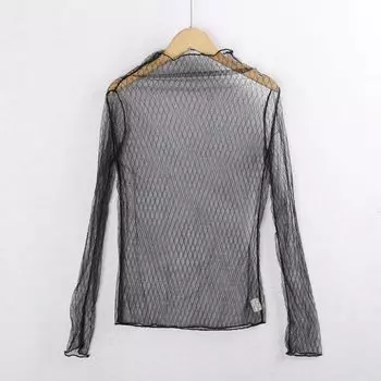4609 Сетчатая рубашка Летний пуловер со стойкой воротником Сексуальная верхняя одежда Модная блузка с длинным рукавом Кружевная рубашка Женский экспортный хвост Black Diamond A All yards