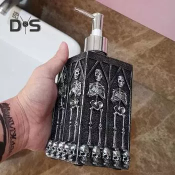 460 мл Дозирующий флакон с рисунком черепа, квадратный дозатор для лосьона, эфирных масел, мыла, 3D-дизайн, противоскользящее основание из смолы, дозирующий флакон для ванной комнаты чёрный