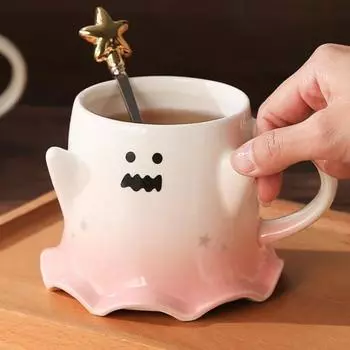 460 мл Кружка для привидения на Хэллоуин с ложкой Милая керамическая чашка для воды с привидением на Хэллоуин зелёный