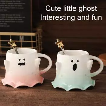 460 мл Кружка с привидением на Хэллоуин с ложкой Милая керамическая чашка с привидением для воды Украшение для дома и офиса на Хэллоуин зелёный