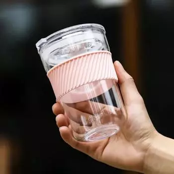 460 мл прозрачная чашка для кофе, переносная кружка для воды, молока, с крышкой и защитным чехлом от ожогов, кружка для девочек, студентов, домашнего офиса розовый