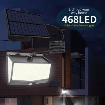 468 светодиодных настенных светильников на солнечных батареях с водонепроницаемым датчиком движения, 3-х стороннее освещение, прожектор для настенного светильника для гаража, сада, лужайки, патио