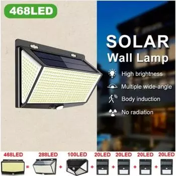 468 светодиодов, уличные светильники на солнечной энергии, датчик движения, 3 режима, водонепроницаемые, защитные прожекторы, настенные светильники для сада, гаража integrated form-1pcs