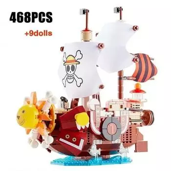 468PCS аниме Thousand Sunny Ship Building Block Model MOC Pirate Boat Building Set со светодиодной подсветкой и 9 фигурками в подарок для детской игрушки