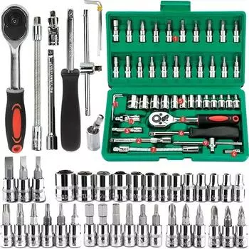 46/53pcs Drive Socket Set 1/4 Inch Ratchet Wrench Set with Sockets Metric Hex Bit Socket Set Mechanic Tool Kits for Auto Repair