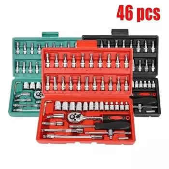 46pcs Chrome Vanadium Steel Socket Set with Quick Release Ratchet Extension Bar Screwdriver Bits Hex Wrench Motorcycle Car Tools