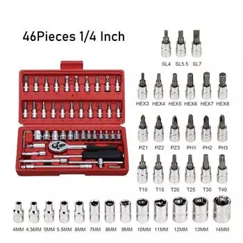 46PCS набор инструментов для ремонта автомобиля, коробка с головками 1/4 дюйма, набор многоцелевых ключей, отвертка с храповым механизмом, домашний набор инструментов для ремонта автомобиля чёрный