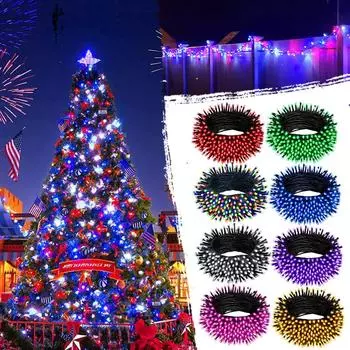 472 дюйма/12 м, красные, белые и синие огни, 100 прозрачных фонарей, подключаемые к белому проводу, патриотические гирлянды на День независимости, гирлянды на солнечных батареях One Size