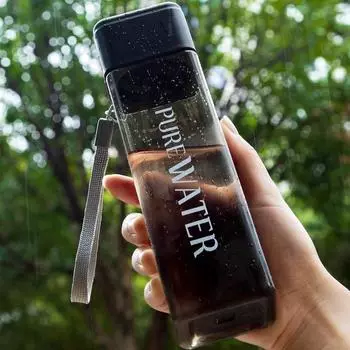 480 мл квадратная пластиковая бутылка для воды портативная спортивная питьевая кружка с веревкой креативная герметичная питьевая посуда для кемпинга пикника на открытом воздухе 401-500ml чёрный