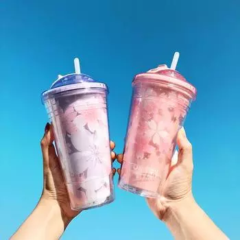 480 мл Пластиковые стаканчики Sakura с двойными стенками и скрытой трубочкой, стакан со льдом, креативный стакан для питья сока, детская подарочная бутылка для воды для улицы