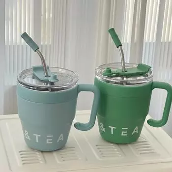 480 мл термос из нержавеющей стали кофейные кружки с ручкой соломинкой и крышкой портативные офисные домашние бутылки для воды питьевые чашки для молока и чая 480ml белый