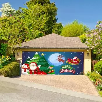 480x210 см Рождественский гобелен на дверь гаража Санта-Лось Снеговик с принтом в помещении и на открытом воздухе праздник настенный баннер фон дверная крышка декоративная ткань