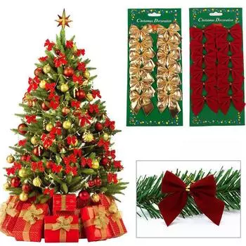 48-12PCS Christmas Bow Red Gold Mini Xmas Tree Bowknot Pendant Ornaments for Home Decoration Navidad New Year Party DIY Gifts 12pcs(1pack)