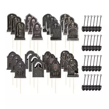 48 Pcs Halloween Cupcake Toppers Tombstones Graveyard Cake Decorations with Mini Shovel Spoons for Halloween Birthday Party Supplies 1 Set