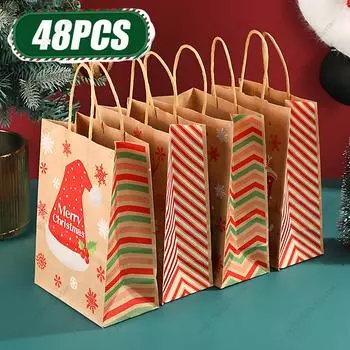 48 шт. Рождественские подарочные пакеты, упаковочные пакеты из крафт-бумаги, сумки, праздничные мобильные сумки для хранения, рождественские украшения, материалы 1Bag