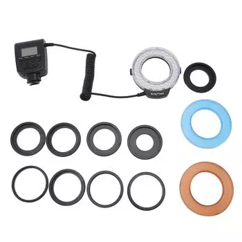 48 светодиодов для макросъемки с ЖК-дисплеем, регулятором мощности, адаптером, рассеивателем для вспышки для DSLR