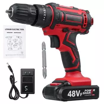 48 В Электрическая дрель Беспроводная ударная дрель Мини Аккумуляторная отвертка 25+3 Двухскоростной электроинструмент С 2 шт. Аккумуляторный 1 battery