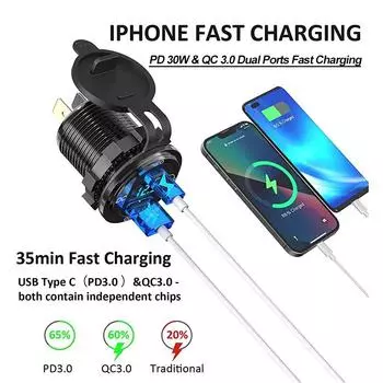 48 Вт USB C автомобильное зарядное гнездо USB-разъем для быстрой зарядки PD и QC 3.0 розетка питания со светодиодным вольтметром переключатель для 12/24 В RV ATV Marine зелёный