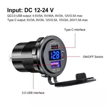 48W USB Charger Socket Fast Charger Adapter PD Type C & QC3.0 Power Outlet with Voltage Display for Car Marine Motorcycle RV синий