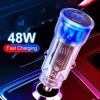 48W USB PD Car Charger Quick Charge 3.0 Fast Charging Mobile Phone Adapter For iPhone Xiaomi Samsung Huawei USB Type C Charger белый