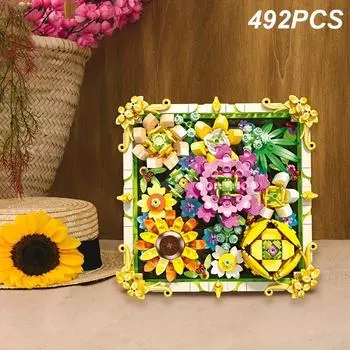 492 шт., сохранившаяся цветочная фоторамка, строительные блоки, подсолнечник, роза, букет, сборка, модель, кирпичи, детский рождественский подарок