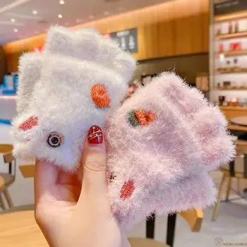 4-10 Years Old Children s Gloves with Velvet, Thickened and Warm, Carrots, Cute Korean Version Cartoon Half-finger Flip Knitted Writing One size