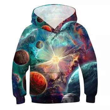 4-13 лет Детские толстовки с капюшоном 3D Harajuku Galaxy Colorful Nebula Print для девочек и мальчиков, с капюшоном, синий, красный, зеленый, пуловер для детей-подростков 100