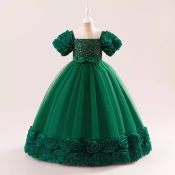 4-14 лет Рождественское платье принцессы для девочек-цветочниц для свадеб Летнее детское торжественное длинное платье с бантом для школьных вечеринок Детская новогодняя одежда 130 зелёный