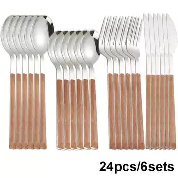 4/16/24 шт., набор столовых приборов с ручкой из искусственного дерева, чайная ложка, посуда для кухни, вилка из нержавеющей стали, набор ложек, столовые приборы, посуда