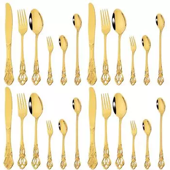 4/24 шт. золотая роскошная столовая посуда из нержавеющей стали, столовые приборы, винтажный западный набор посуды, нож, кофейная ложка, вилка, набор столовых приборов серебряный