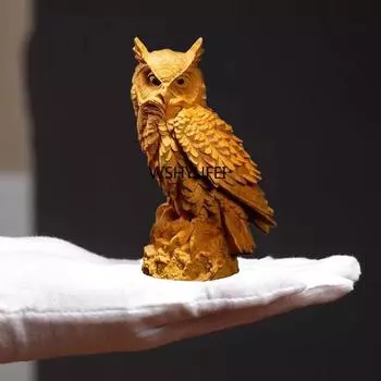 4,32 дюйма Натуральное кипарисовое дерево, животное, сова, статуя, цельное дерево, резьба, украшение для гостиной, офиса, автомобиля