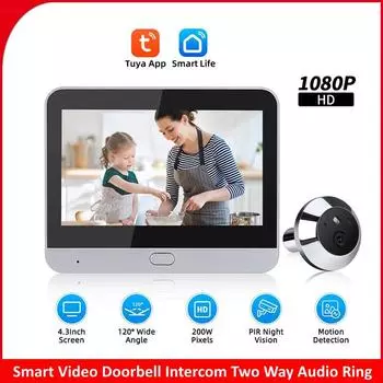 4,3-дюймовая умная дверная камера HD, водонепроницаемая, PIR, сеть обнаружения движения, умные дверные телефоны, приложение Tuya, управление Wi-Fi серый