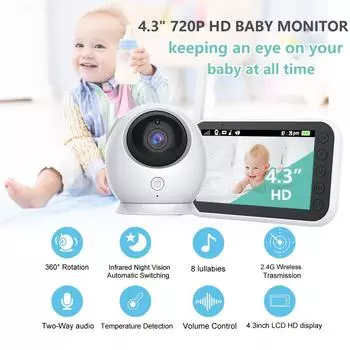 4,3-дюймовый ЖК-экран 720P Радионяня Камера Видео 2-кратный зум Температура с длительным сроком службы батареи Ночное видение Двусторонняя аудио Музыка EU Plug