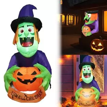 4,4 фута надувные украшения для Хэллоуина на окна с ведьмой, держащей тыкву, дизайн для вечеринок в домах с привидениями на Хэллоуин US